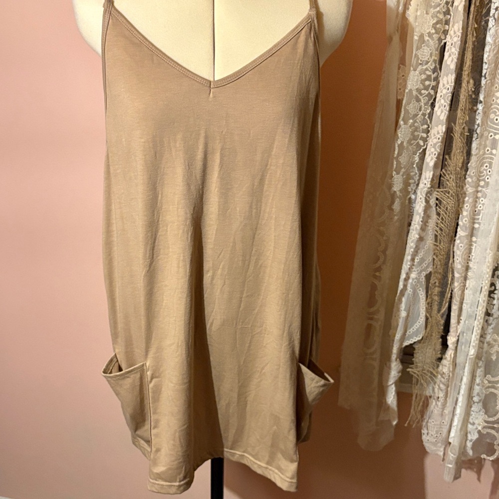 Beige Slip Dress with Pockets - Women's Casual Dress